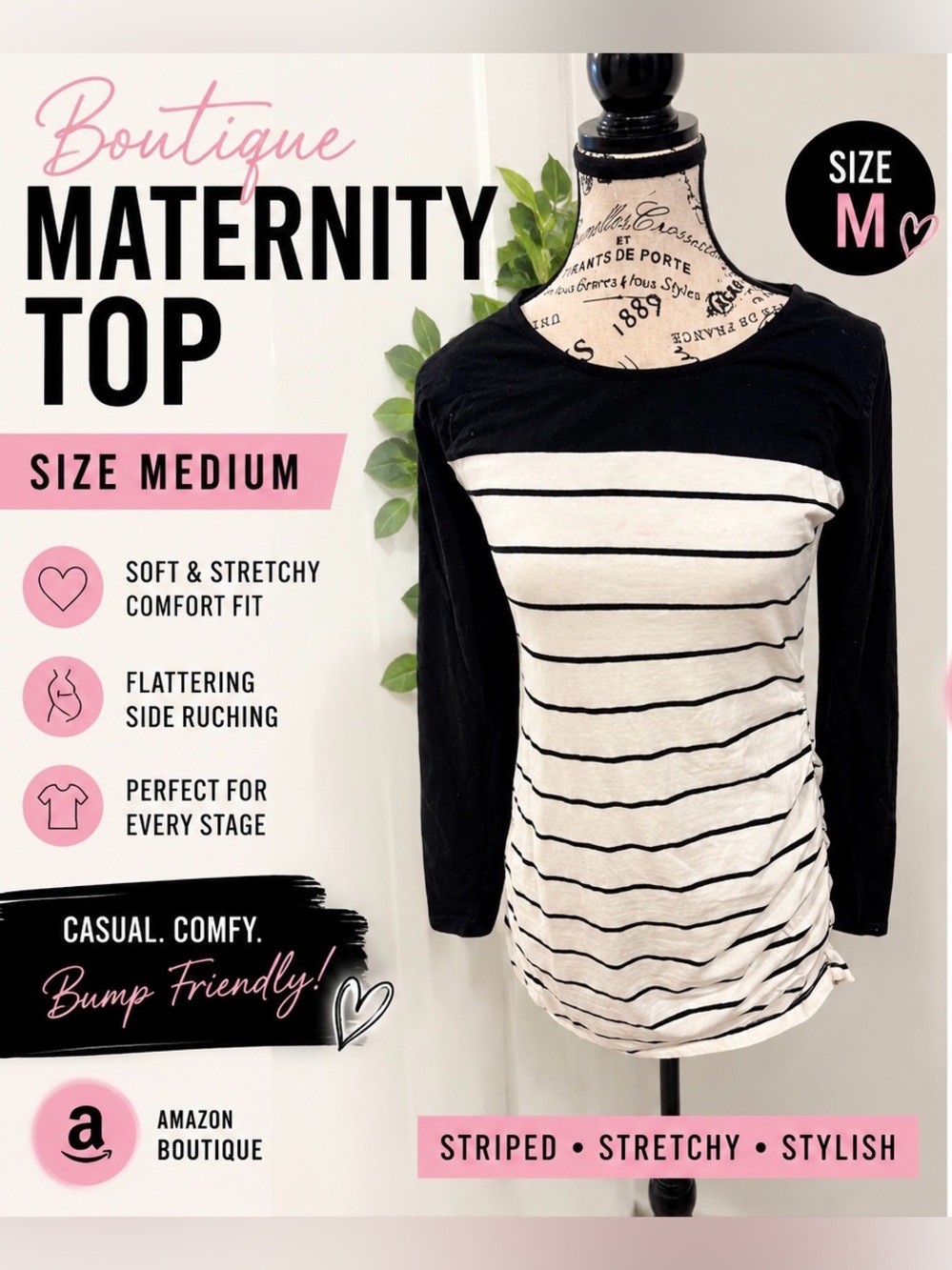 Boutique Maternity Striped Long Sleeve Top | Size Medium | Amazon Boutique